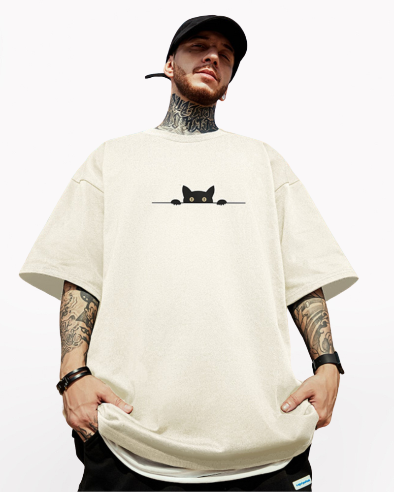 Oversize Streetwear Hide Cat Graphic T-Shirt