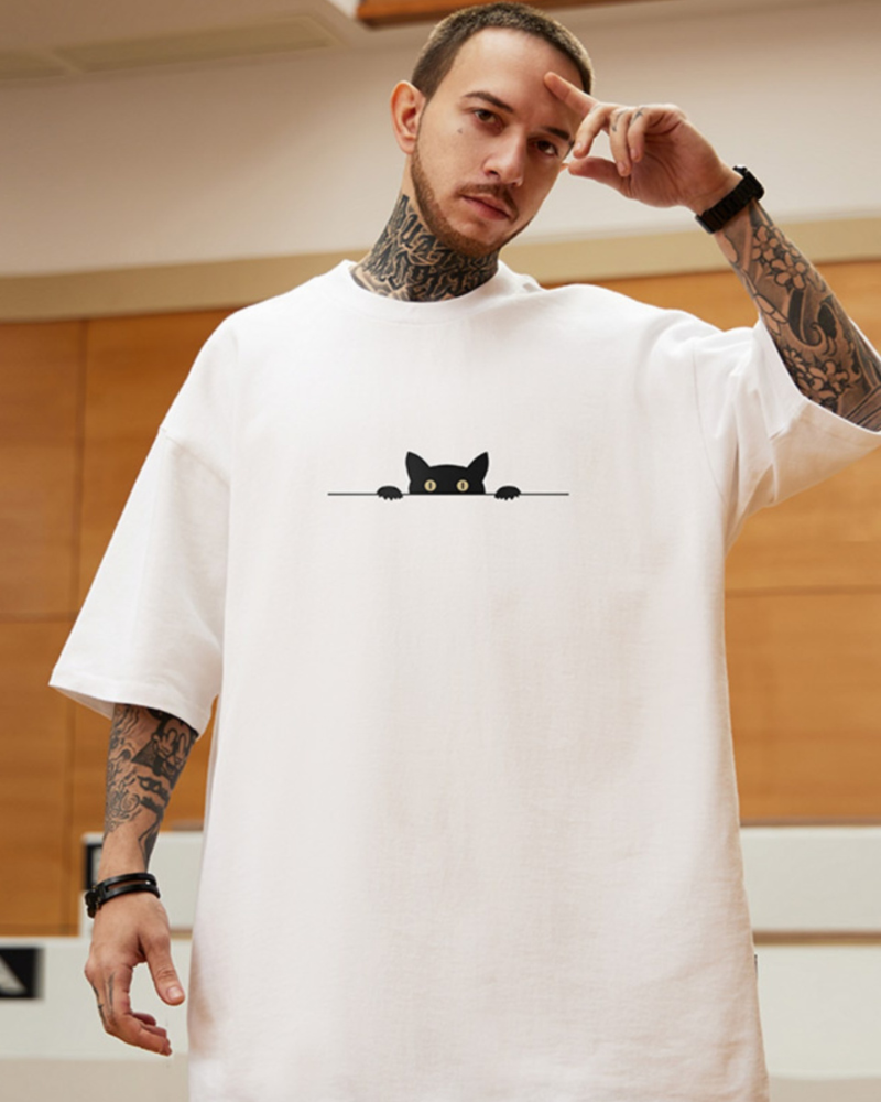 Oversize Streetwear Hide Cat Graphic T-Shirt