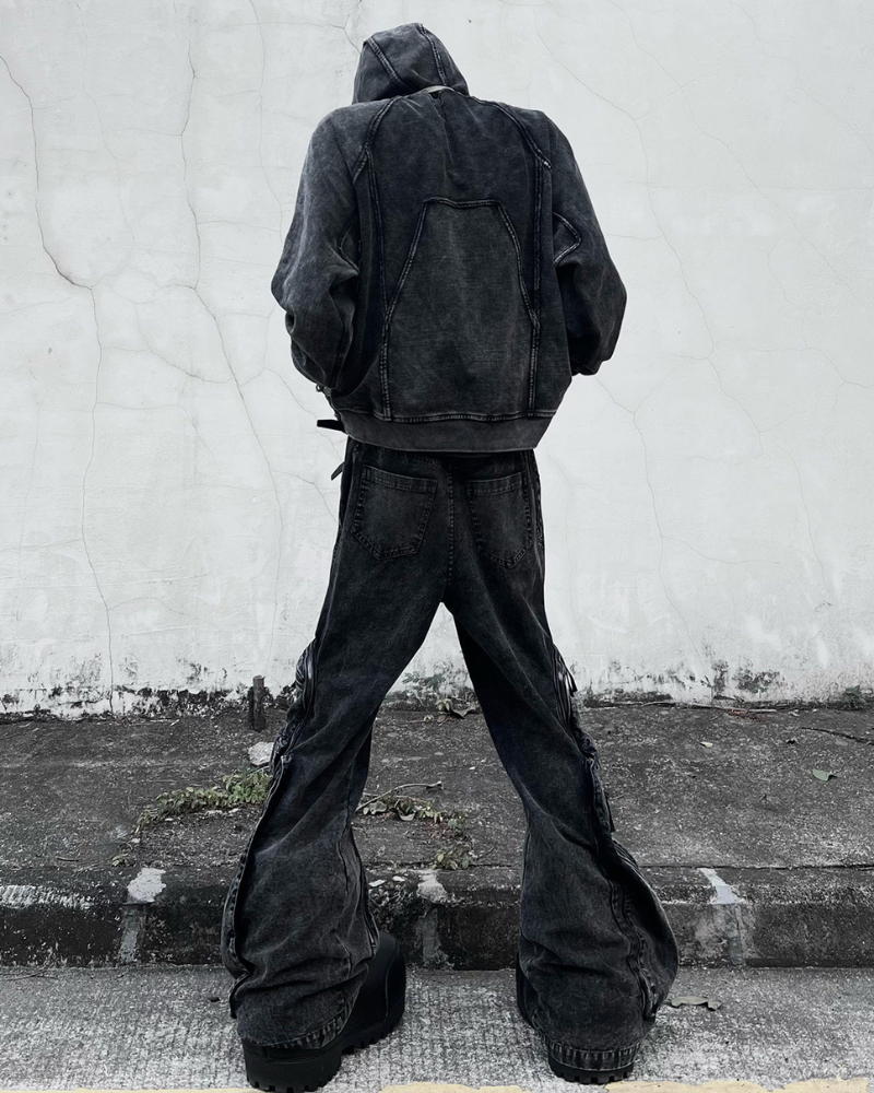 Post-Apocalyptic Geometric Panel Split Distressed Hoodie