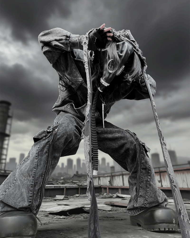 Post-Apocalyptic Geometric Panel Split Distressed Hoodie