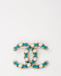 Chanel Silver Metal and Turquoise Blue Leather and Pearl Interwoven CC Logo Brooch