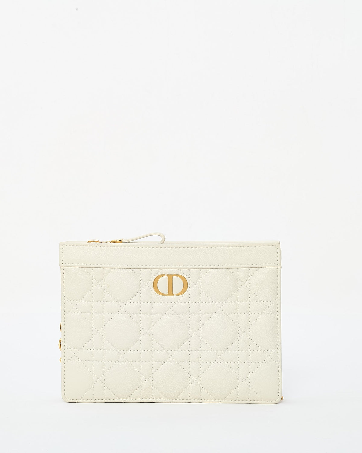 Dior White Calfskin Cannage Leather Caro Zipped Every Dior Pouch With Chain GHW