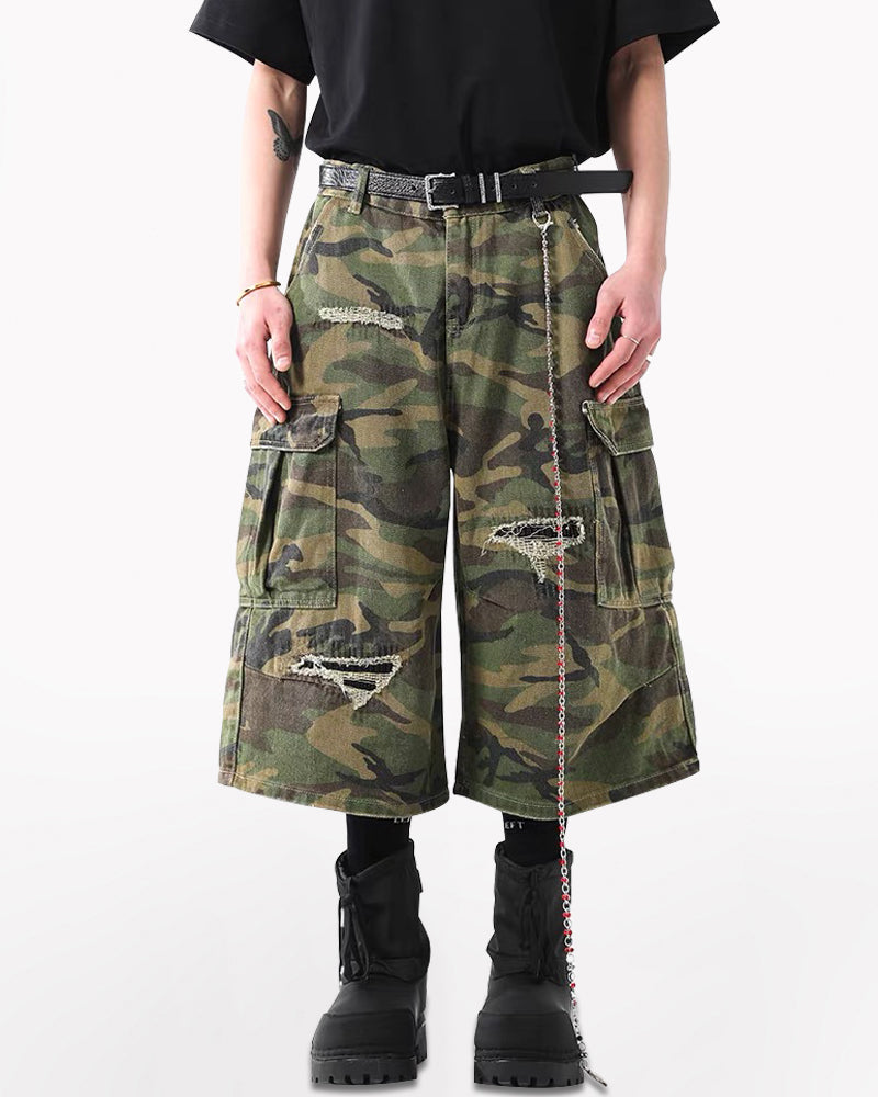 Vintage Distressed Unisex Camo Utility Shorts