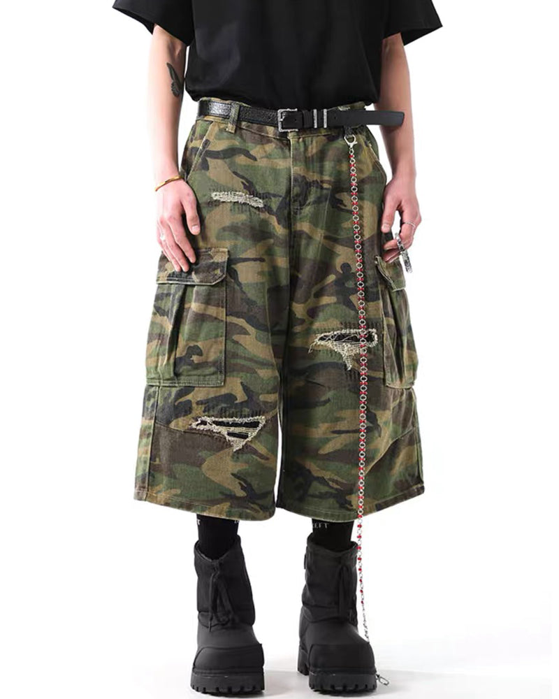 Vintage Distressed Unisex Camo Utility Shorts