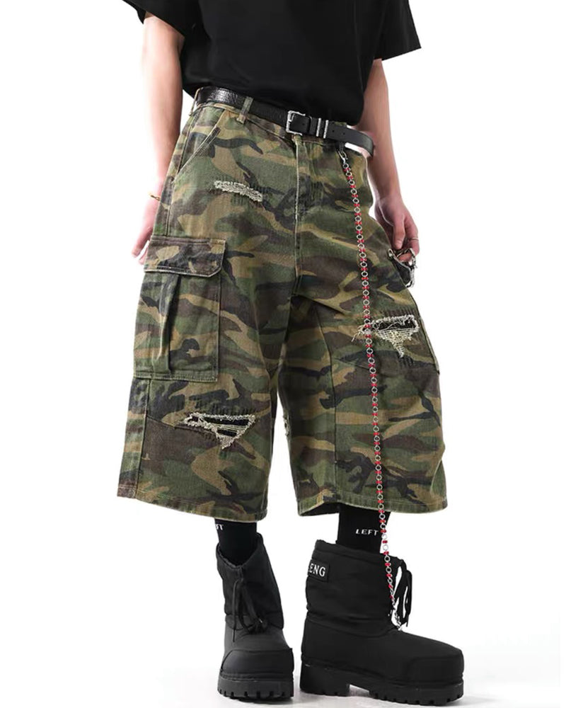Vintage Distressed Unisex Camo Utility Shorts