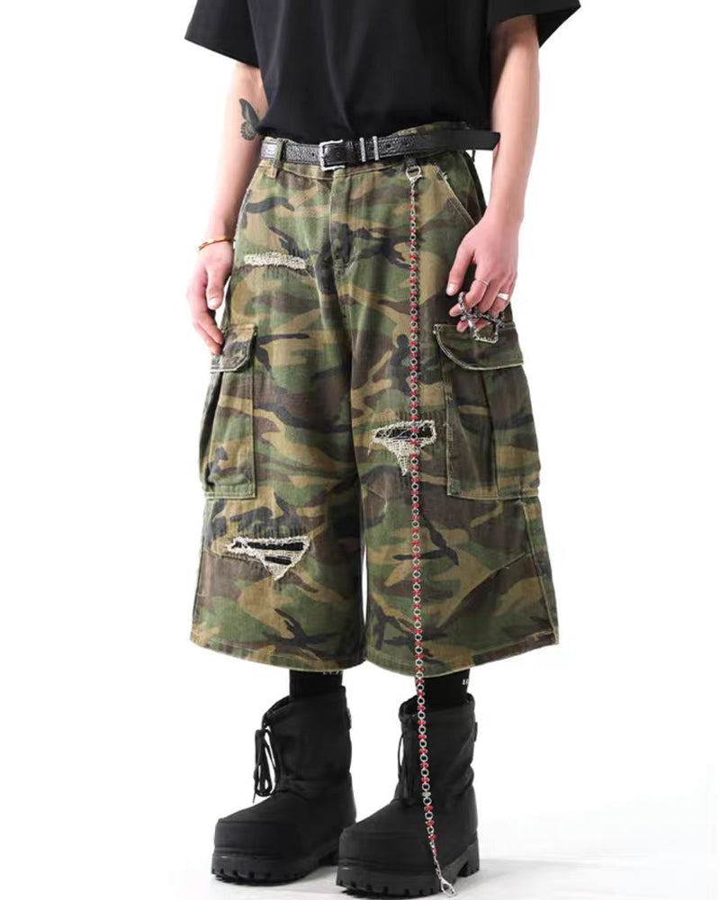 Vintage Distressed Unisex Camo Utility Shorts