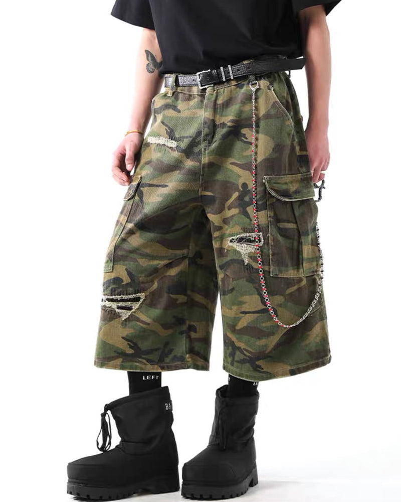 Vintage Distressed Unisex Camo Utility Shorts