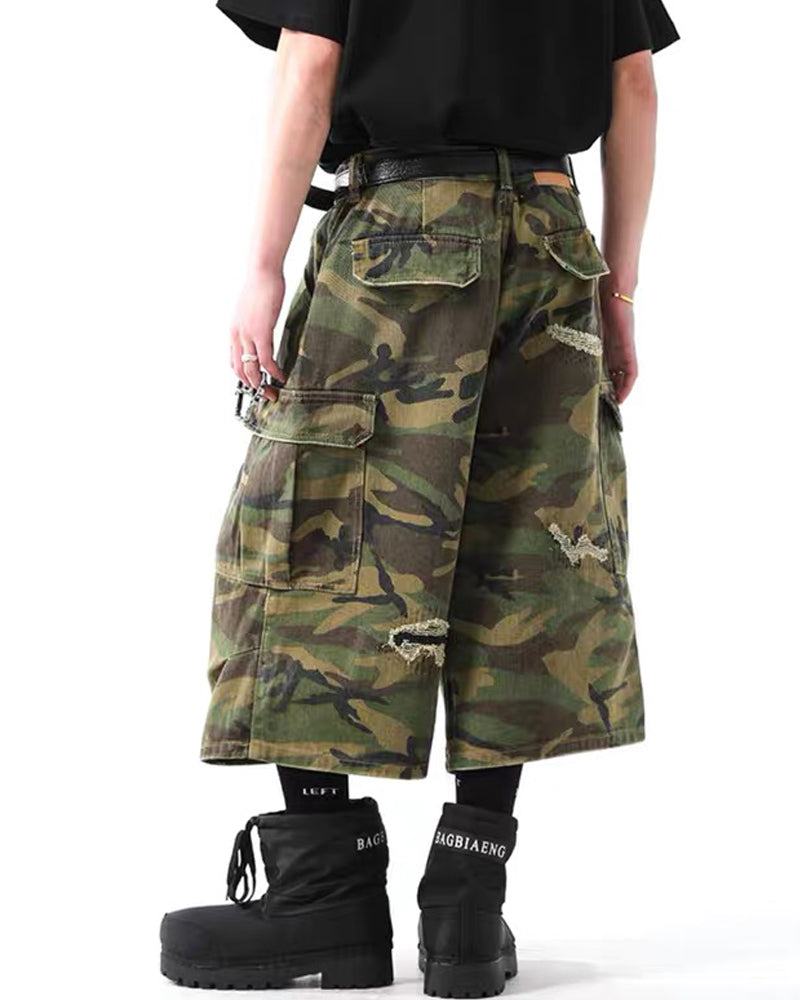 Vintage Distressed Unisex Camo Utility Shorts