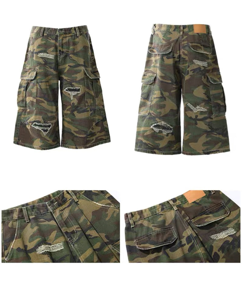 Vintage Distressed Unisex Camo Utility Shorts