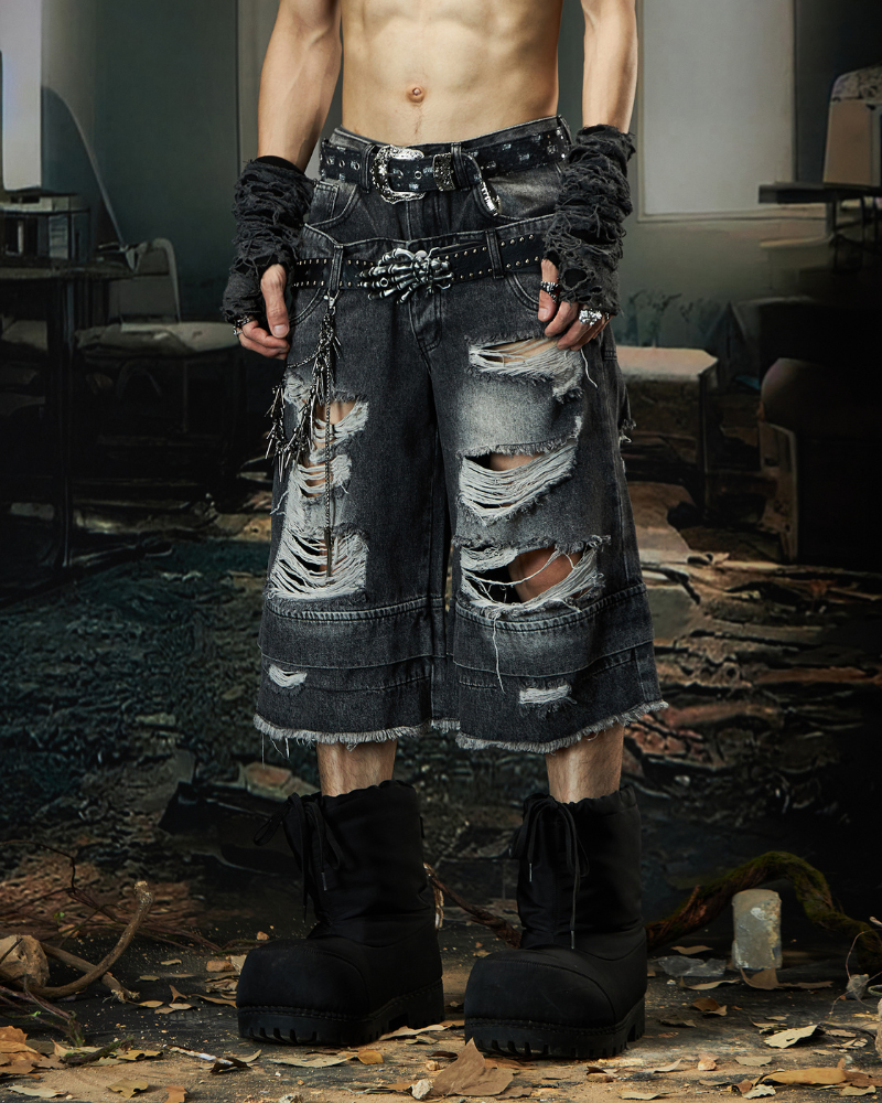 Street Unisex Double Waist Ripped Baggy Jorts