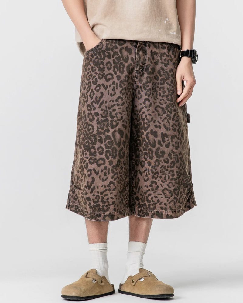 Street Leopard Unisex Denim-Look Shorts | Baggy Jorts