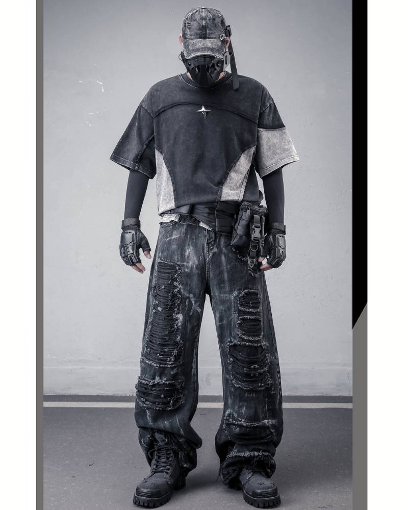 Street Wasteland-style Distressed Patchwork T-Shirt
