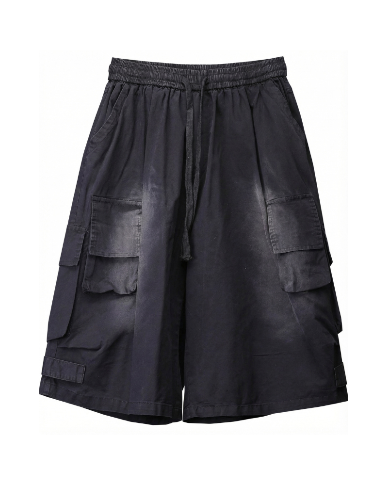 Techwear Distressed Wide-Leg Cargo Shorts
