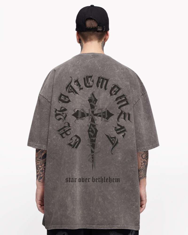 Oversize Vintage Wash Distressed Cross Graphic T-Shirt