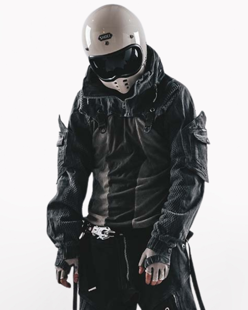 Techwear Post-Apocalyptic Hooded Mesh Color-Block Cape Jacket