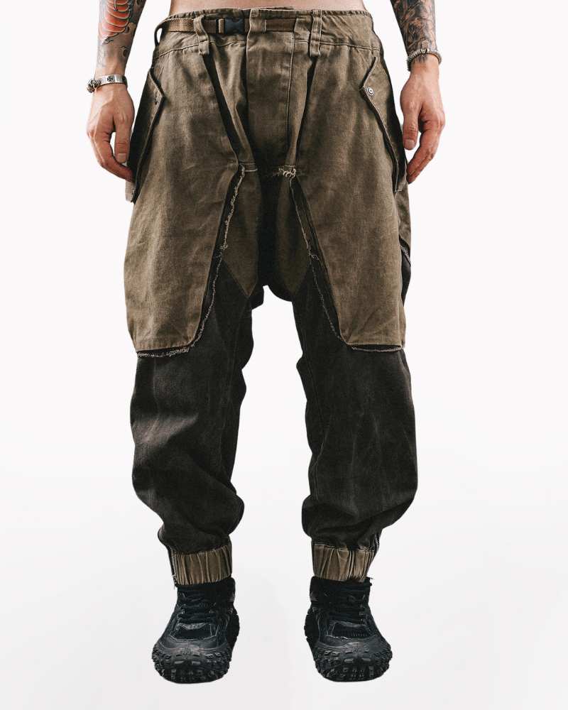 Wasteland Wear Color-Blocked Drawstring Zipper Cargo Pants