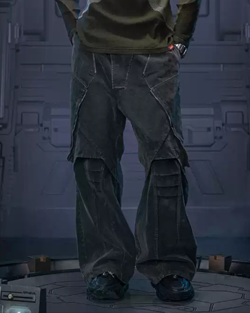 XIPHEVIL Cyberpunk Outfits Heavy Duty Loose Velvet Denim Pants