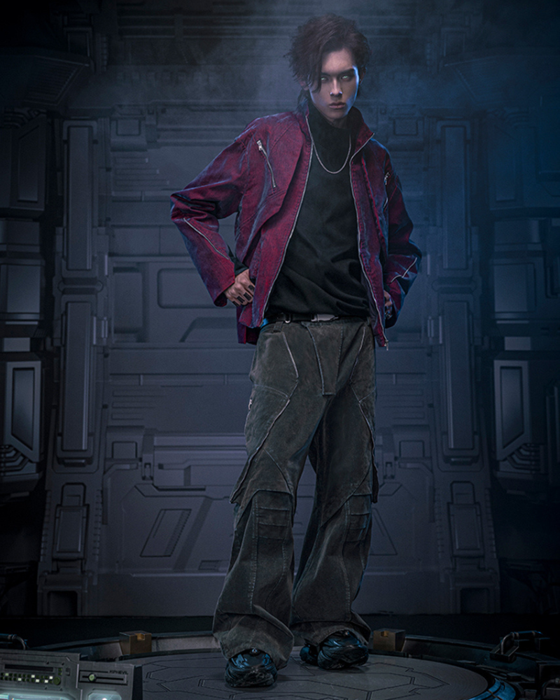 XIPHEVIL Cyberpunk Outfits Heavy Duty Loose Velvet Denim Pants