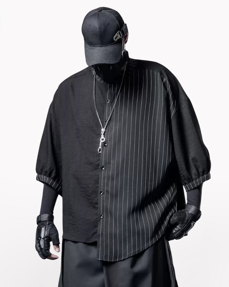 Japanese Style Asymmetrical Striped Patchwork Shirt