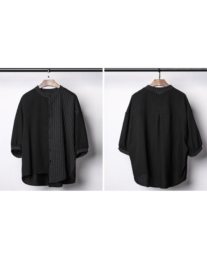 Japanese Style Asymmetrical Striped Patchwork Shirt