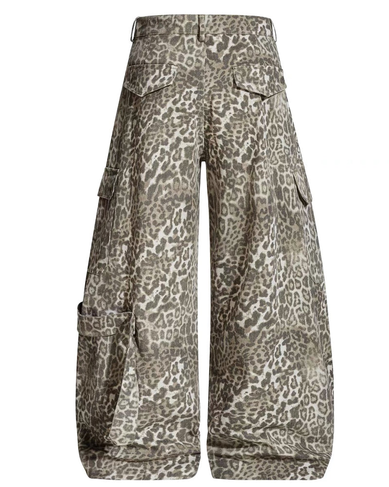 Multi Pockets Zip Leopard Unisex Baggy Cargo Jeans