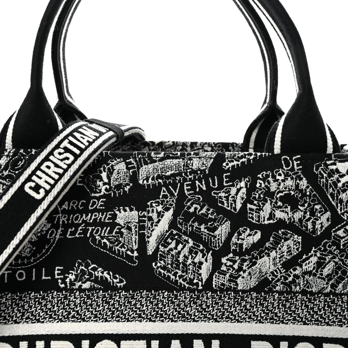 Calfskin Canvas Medium Plan De Paris Book Tote With Strap Black White
