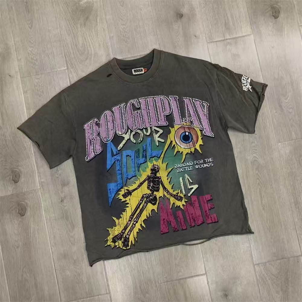 Roughplay Cartoon Graphic Oversized T-Shirt – Vintage Washed Streetwear Tee with Rhinestone Print