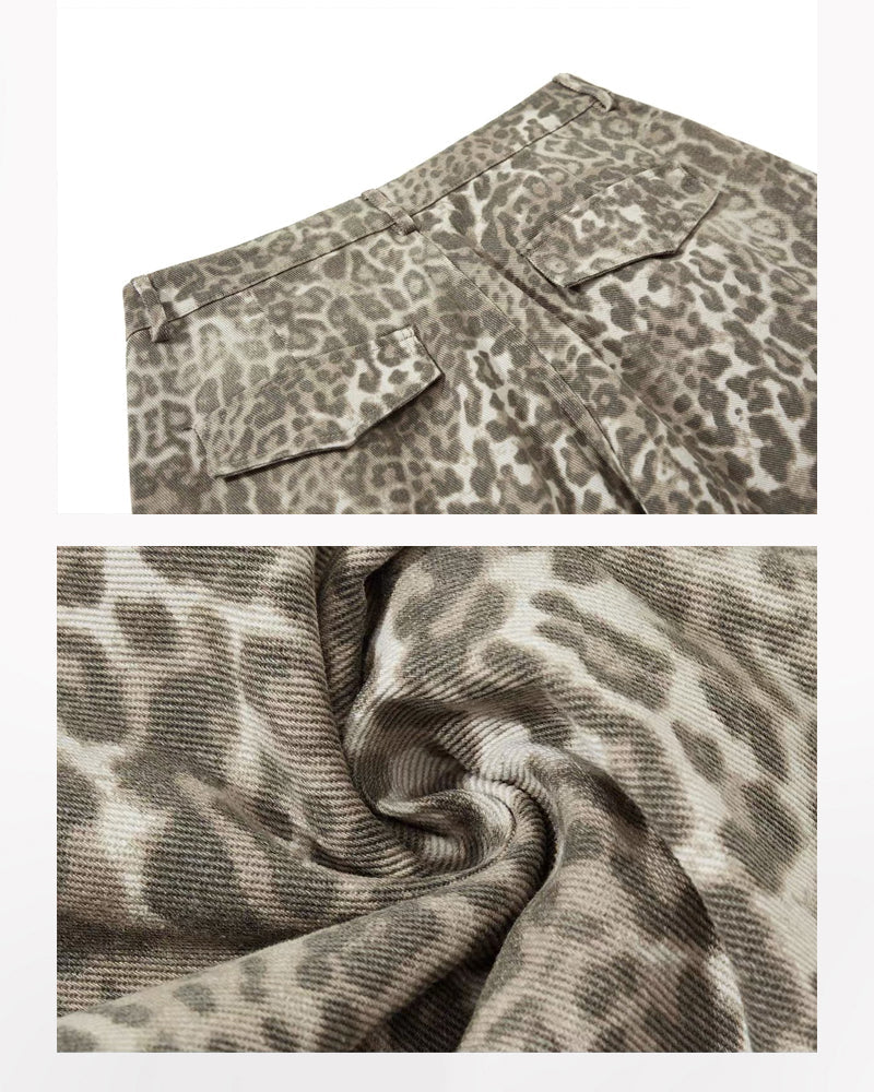 Multi Pockets Zip Leopard Unisex Baggy Cargo Jeans