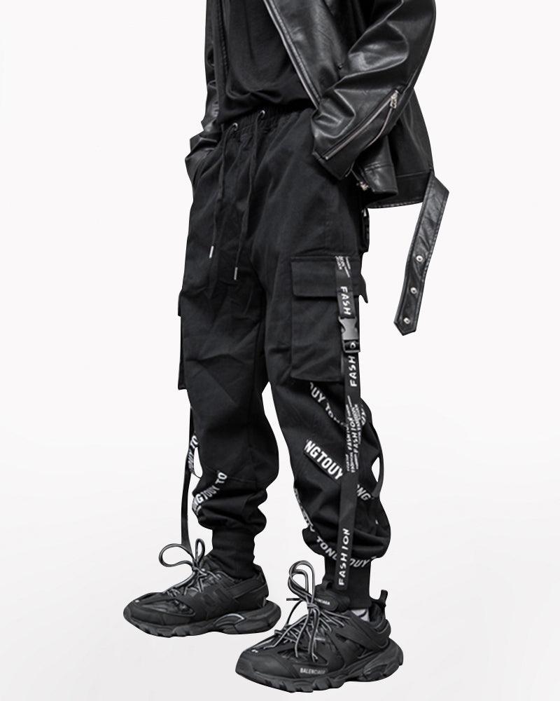Techwear Multi-Ribbon Black Cargo Pants