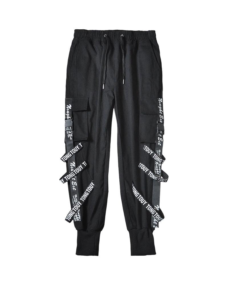 Techwear Multi-Ribbon Black Cargo Pants
