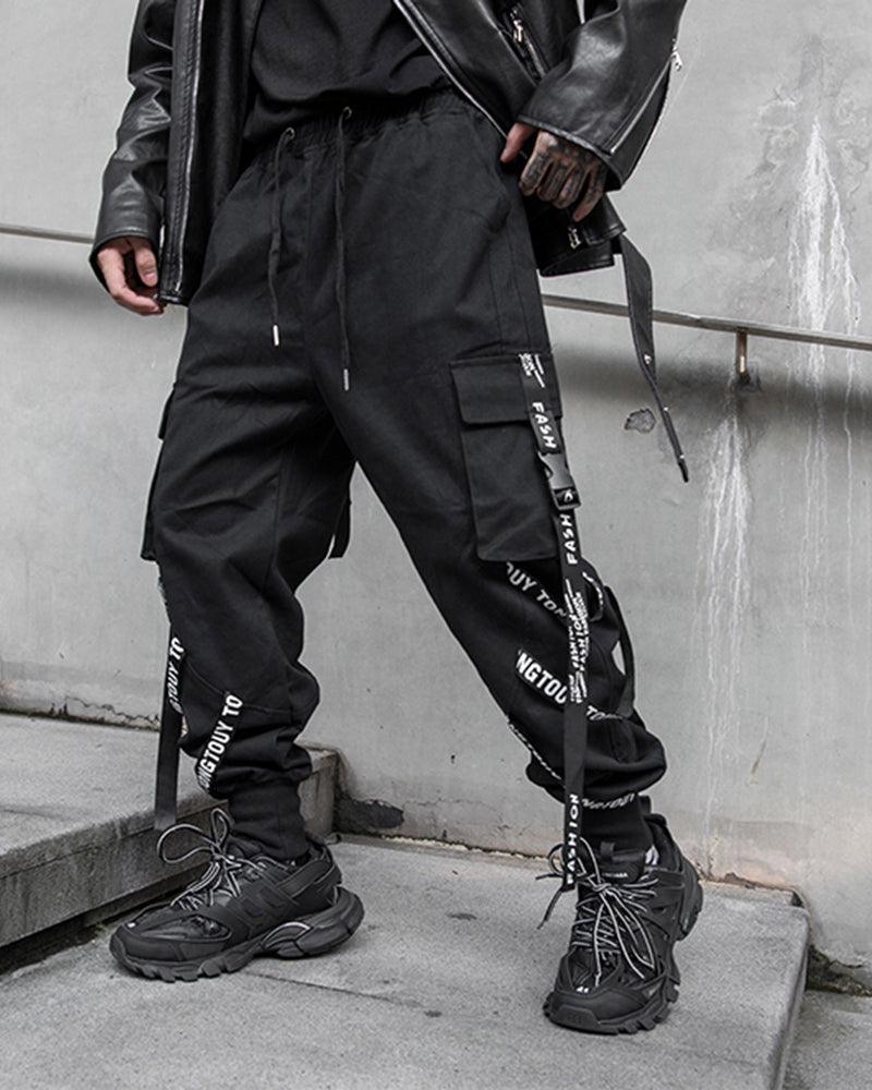 Techwear Multi-Ribbon Black Cargo Pants