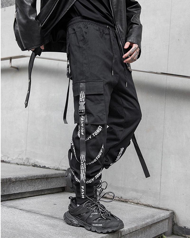 Techwear Multi-Ribbon Black Cargo Pants