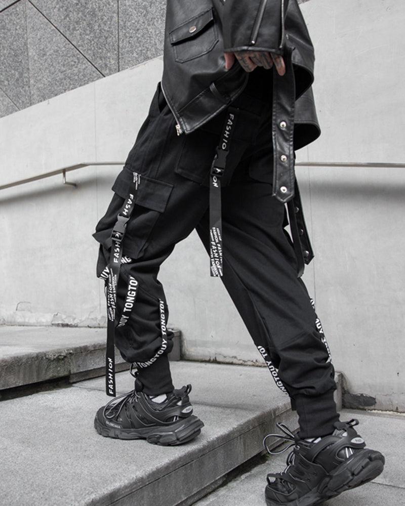 Techwear Multi-Ribbon Black Cargo Pants