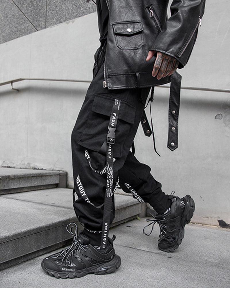 Techwear Multi-Ribbon Black Cargo Pants