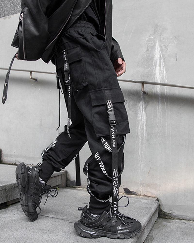 Techwear Multi-Ribbon Black Cargo Pants
