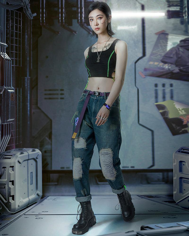 XIPHEVIL Cyberpunk Laser Destroyed Unisex Y2K Jeans