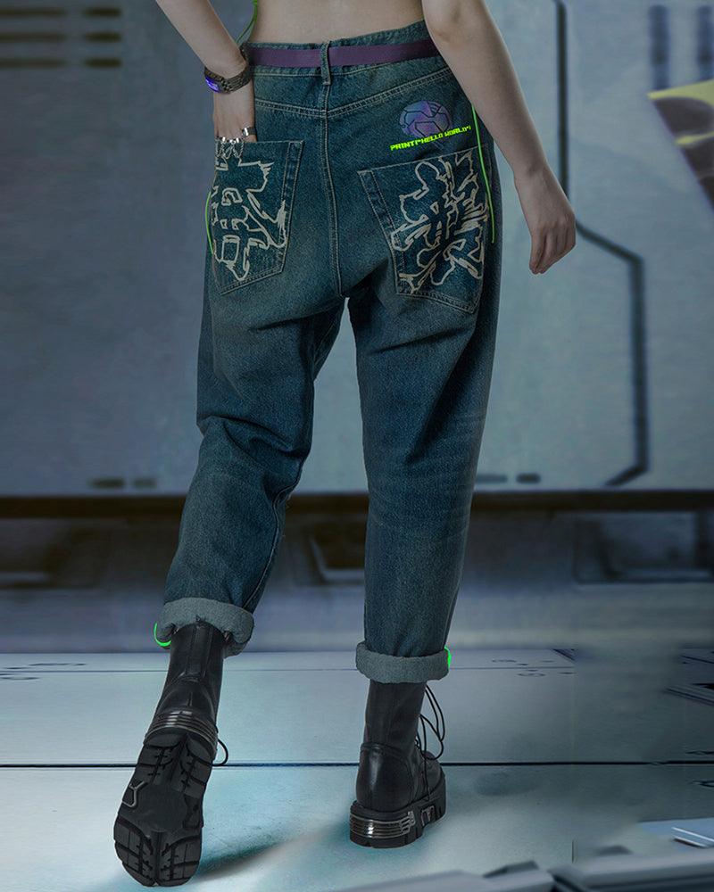 XIPHEVIL Cyberpunk Laser Destroyed Unisex Y2K Jeans