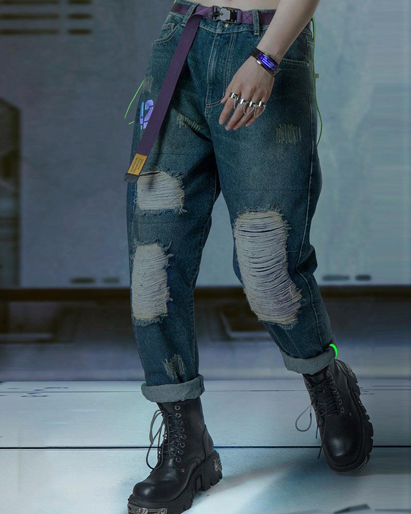XIPHEVIL Cyberpunk Laser Destroyed Unisex Y2K Jeans