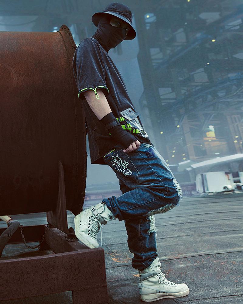 XIPHEVIL Cyberpunk Laser Destroyed Unisex Y2K Jeans