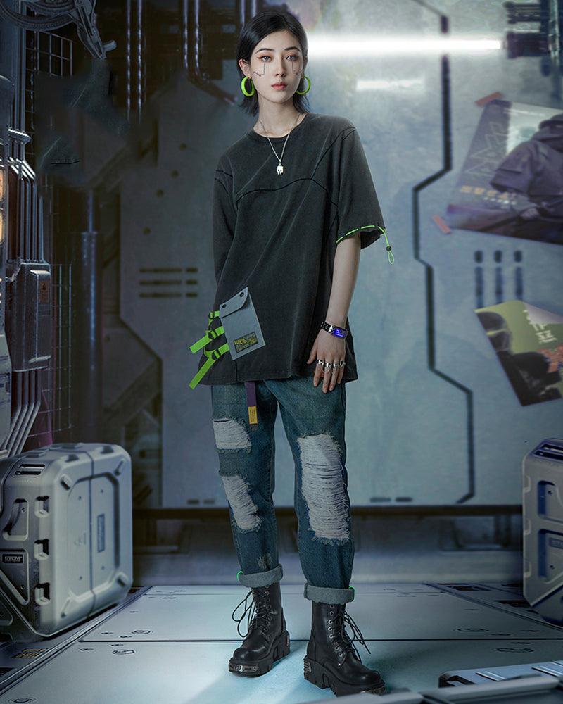 XIPHEVIL Cyberpunk Laser Destroyed Unisex Y2K Jeans