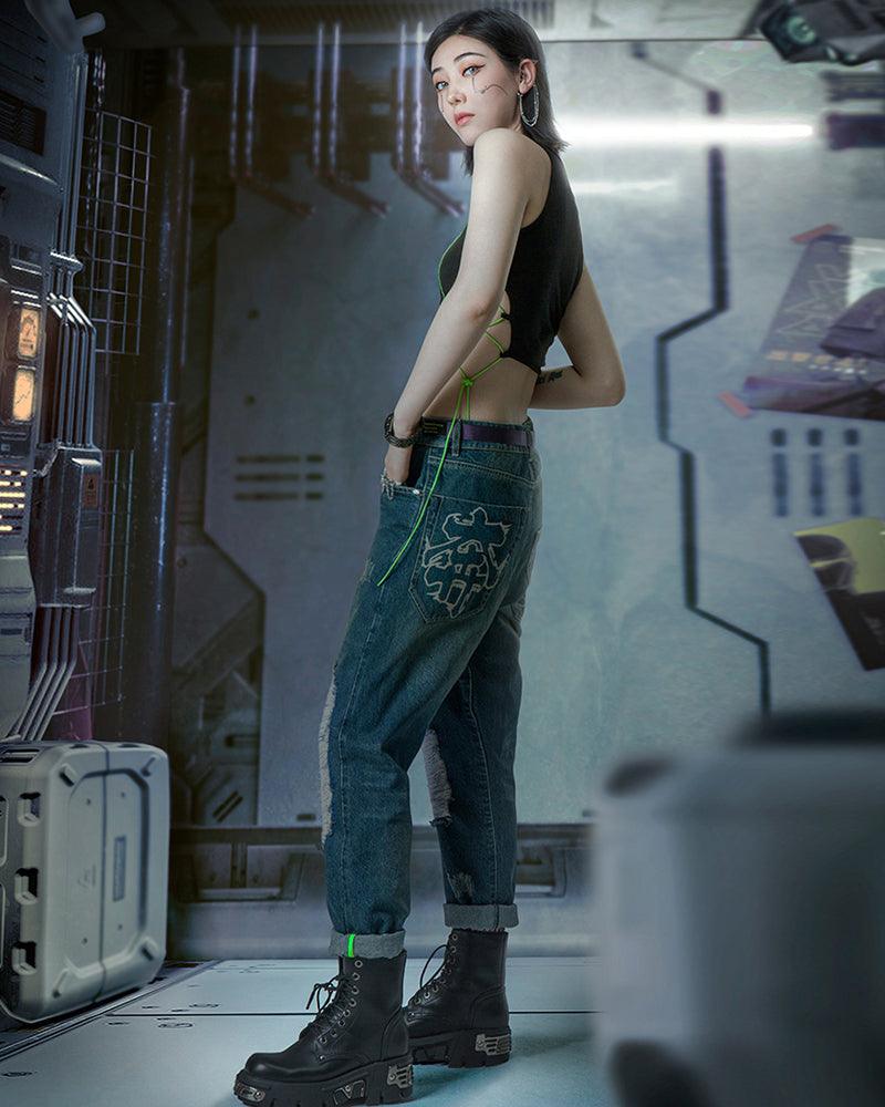 XIPHEVIL Cyberpunk Laser Destroyed Unisex Y2K Jeans