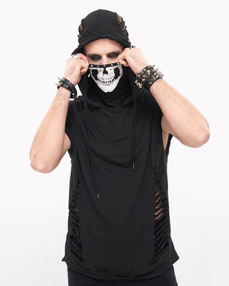 Skull Mask Tattered Sleeveless Hooded Muscle Shirt