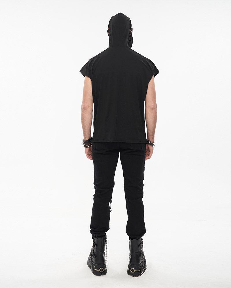 Skull Mask Tattered Sleeveless Hooded Muscle Shirt