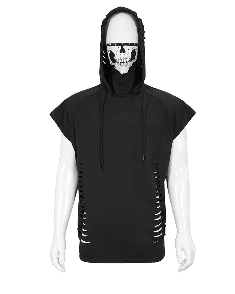 Skull Mask Tattered Sleeveless Hooded Muscle Shirt