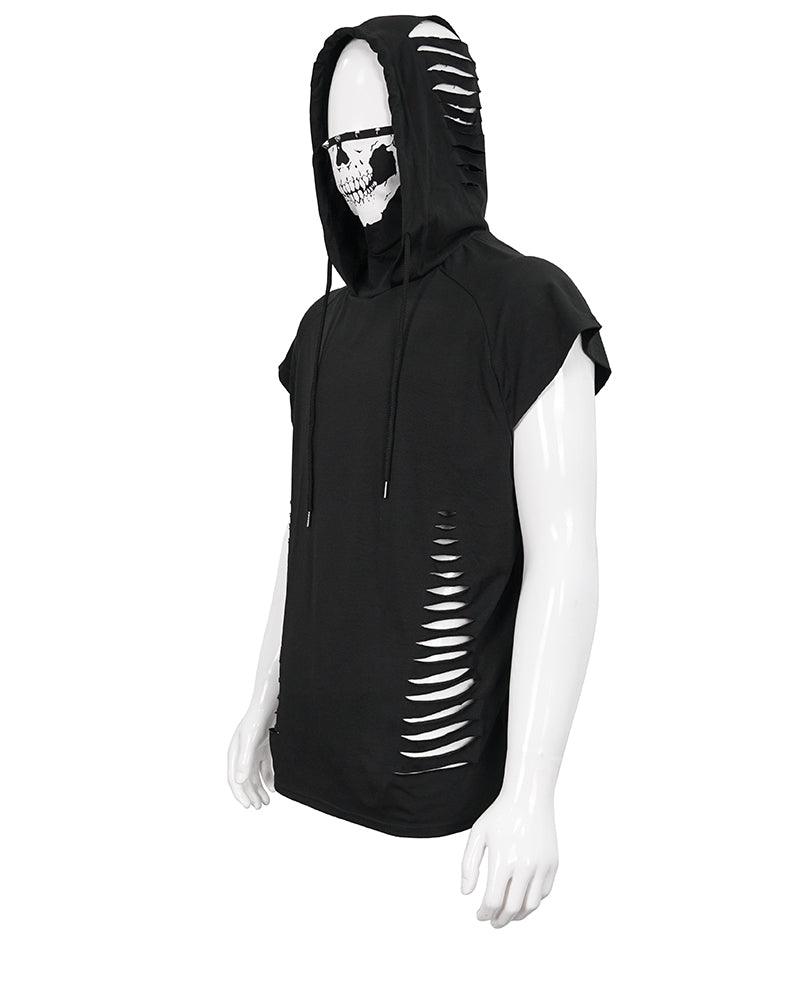 Skull Mask Tattered Sleeveless Hooded Muscle Shirt