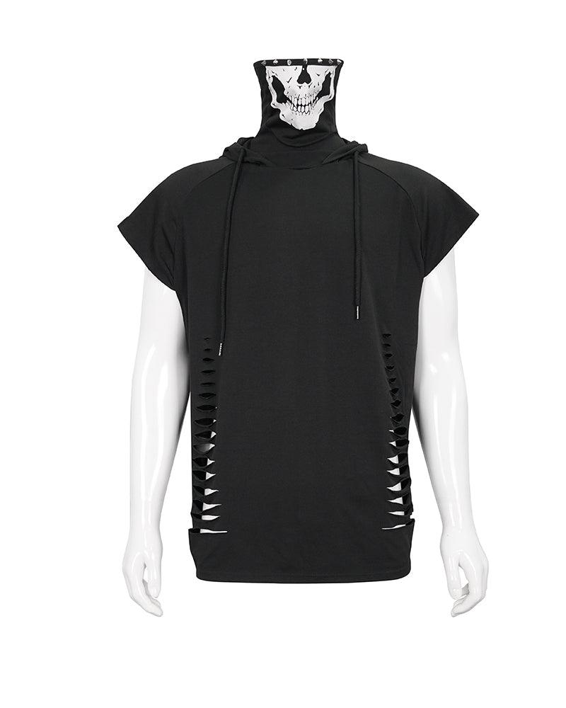 Skull Mask Tattered Sleeveless Hooded Muscle Shirt