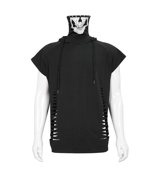 Skull Mask Tattered Sleeveless Hooded Muscle Shirt