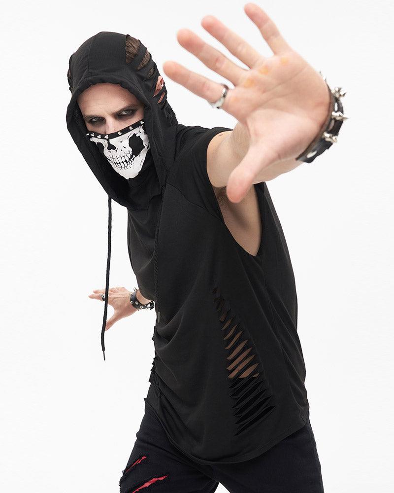 Skull Mask Tattered Sleeveless Hooded Muscle Shirt