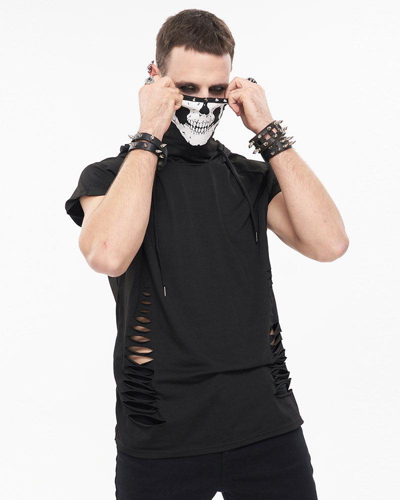 Skull Mask Tattered Sleeveless Hooded Muscle Shirt