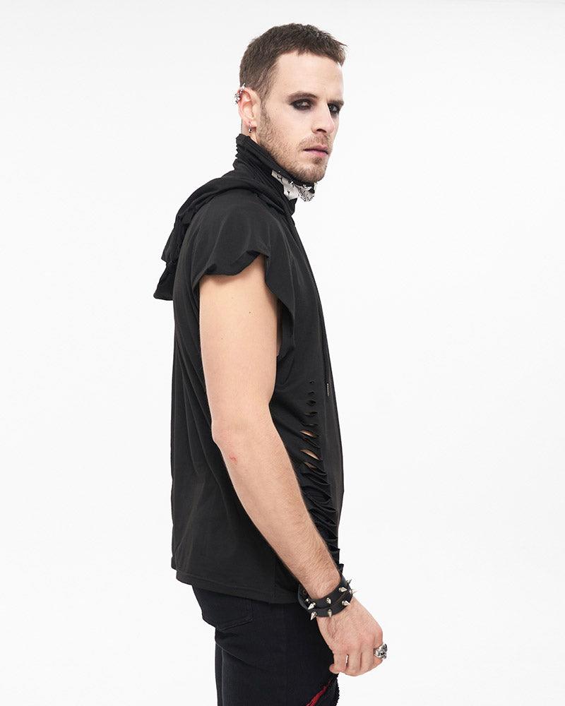 Skull Mask Tattered Sleeveless Hooded Muscle Shirt